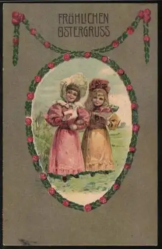 Präge-AK Zwei Frauen mit Briefen im Biedermeierstil, Ostergruss