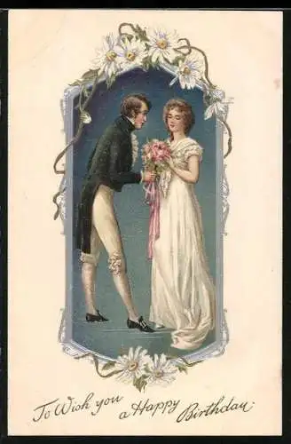 Präge-AK Elegantes Paar mit Rosen im Biedermeierstil, Gänseblumen, Geburtstagsgruss