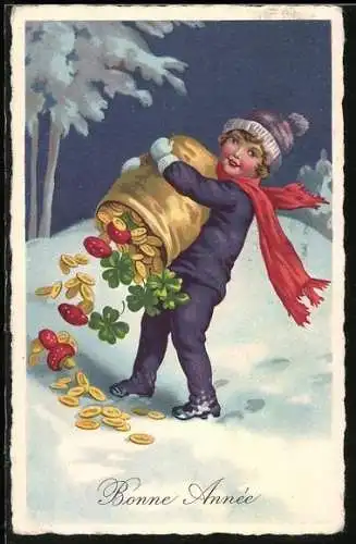 AK Junge mit einem Geldsack im Winter, Neujahrsgruss