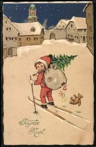 AK Junge mit Geschenkesack auf Skiern, Weihnachtsgruss