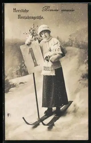 AK Skifahrerin mit Geldsäcken und Kalenderblatt, Neujahrsgruss