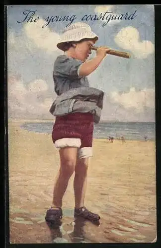 AK Kleiner Junge mit Fernrohr am Strand, Optik