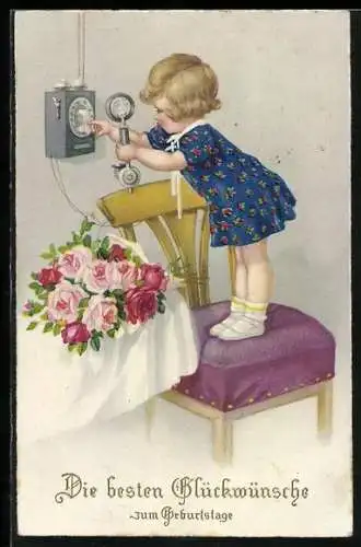 AK Kleines Mädchen am Telefon, Geburtstagsgruss
