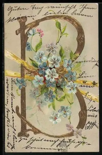 AK Buchstabe B mit blauem Blumenstrauss