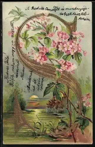 AK Blumenverzierter Buchstabe S bei Sonnenuntergang