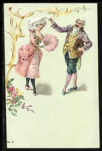 AK Tanzpaar in altertümlicher Kleidung, Rosen