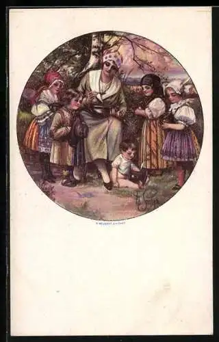 AK Frau mit fünf Kindern, Kinderfürsorge