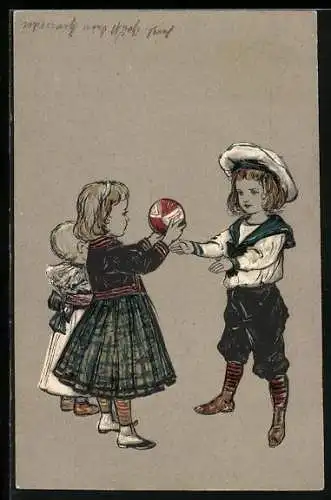 Präge-AK Kleiner Junge und zwei Mädchen mit einem Ball, Spielzeug