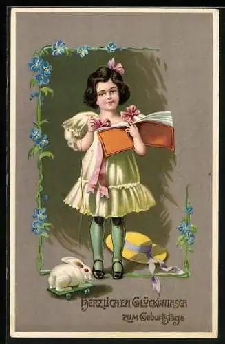 AK Herzlichen Glückwunsch zum Geburtstage, Mädchen mit Buch und einem Spielhasen