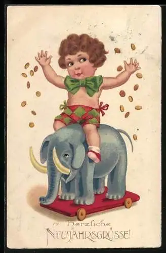 AK Kleiner Junge mit Geldmünzen auf Spielzeugelefanten, Neujahrsgruss