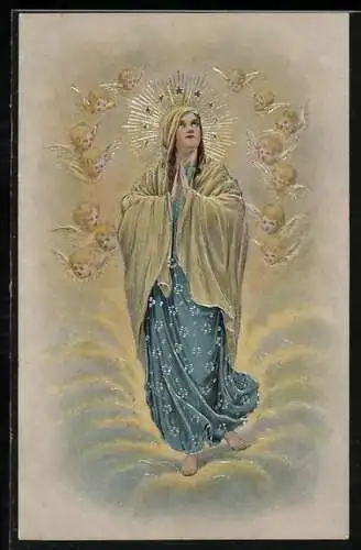 AK Englein beschützen betende Heilige, Religion