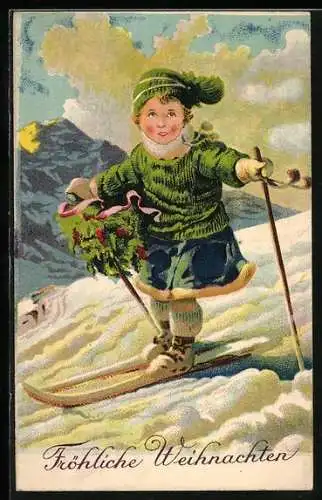 AK Junge auf Skiern im Schnee, Weihnachtsgruss