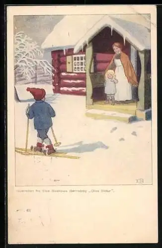 AK Junge auf Skiern schaut zu Frau mit Kind