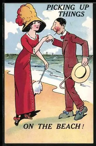AK Picking up things on the beach!, Kavalier spricht Dame an