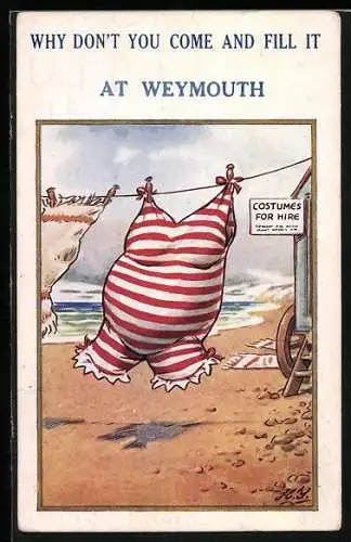 AK Weymouth, Strand mit Badeanzug einer dicken Dame an der Wäscheleine