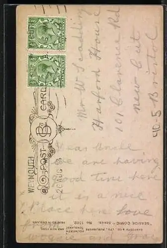 AK Weymouth, Strand mit Badeanzug einer dicken Dame an der Wäscheleine