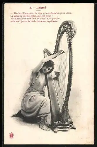 AK Lakmé, Junge Dame im antiken Gewand beim Harfenspiel