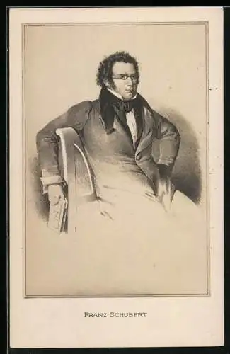 Künstler-AK Franz Schubert auf einem Stuhl mit Buch