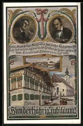 Künstler-AK Oberndorf an der Salzach, Porträts von Mohr & Gruber, Komponisten von Stille Nacht, heilige Nacht
