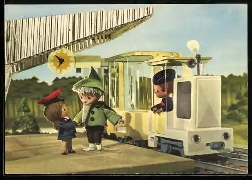 AK Sandmann vom Deutschen Fernsehfunk kommt mit der Eisenbahn