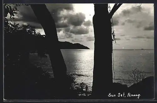 AK Penang, Sun Set on the shore, 3-funnel steamer on the horizon