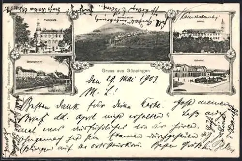 AK Göppingen, Bahnhof, Schloss, Cristophsbad und Marktplatz