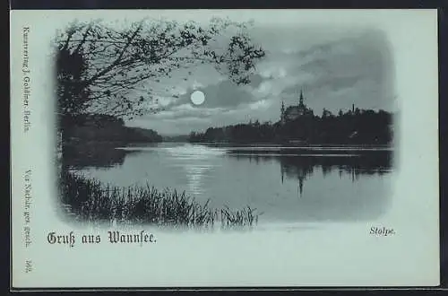 Mondschein-AK Berlin-Wannsee, Blick auf den See und Stolpe bei Nacht