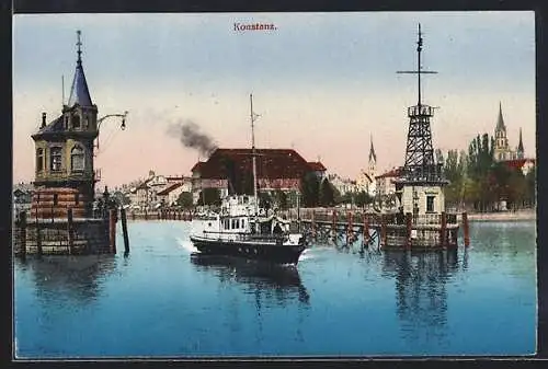 AK Konstanz, Hafen mit Dampfschiff