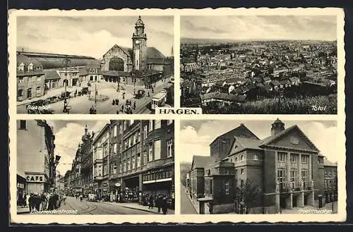 AK Hagen / Westfalen, Bahnhof mit Strassenbahn, Elberfelderstrasse und Stadttheater