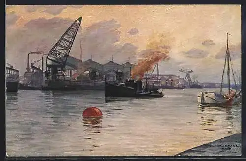 Künstler-AK Kiel, Germaniawerft vom Hafen gesehen