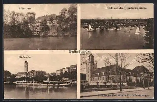 AK Berlin-Spandau, Juliusturm, Lindenufer, Heerstrassenbrücke, Preussische Hochschule für Leibesübungen