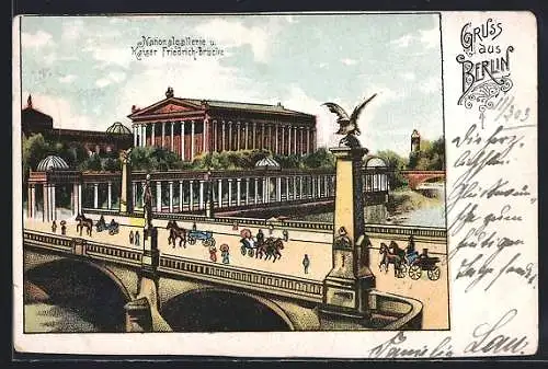 Lithographie Berlin, Nationalgalerie, Kaiser Friedrich-Brücke