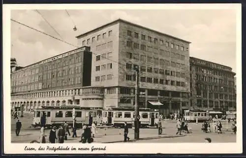 AK Essen, das Postgebäude im neuen Gewand, Strassenbahn