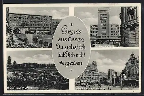 AK Essen, Platz, Deutschlandhaus, Hauptbahnhof, Gruga Blumen-Arena