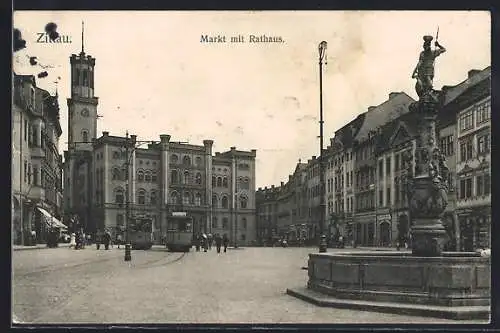 AK Zittau, Markt mit Rathaus, Strassenbahn