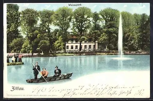 AK Zittau, Weinaupark, Teich mit Boot und Springbrunnen
