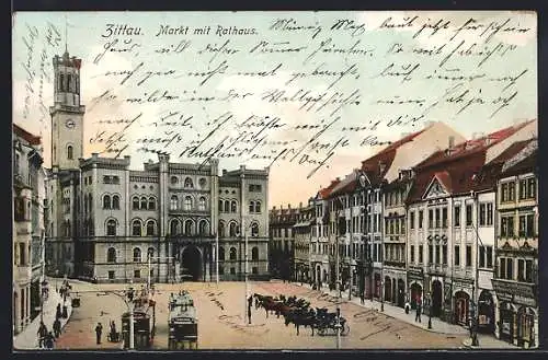 AK Zittau, Markt mit Rathaus, Strassenbahn