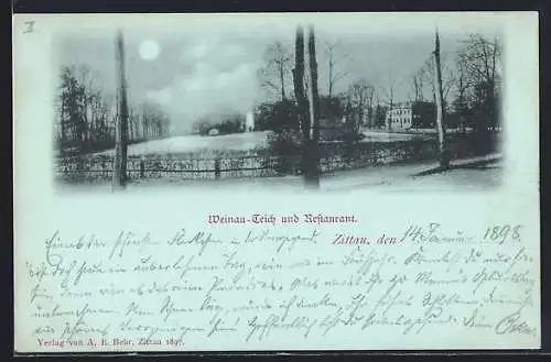 Mondschein-AK Zittau, Weinau-Teich und Restaurant