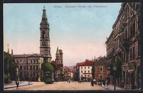 AK Zittau, Bautzner Strasse mit Johanneum, Strassenbahn