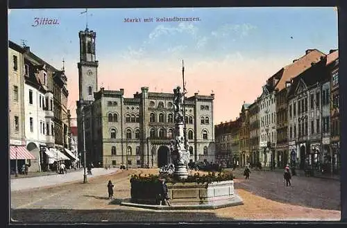 AK Zittau, Markt mit Rolandbrunnen