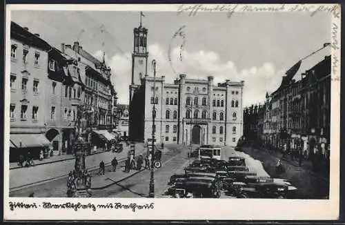 AK Zittau, Marktplatz mit Rathaus