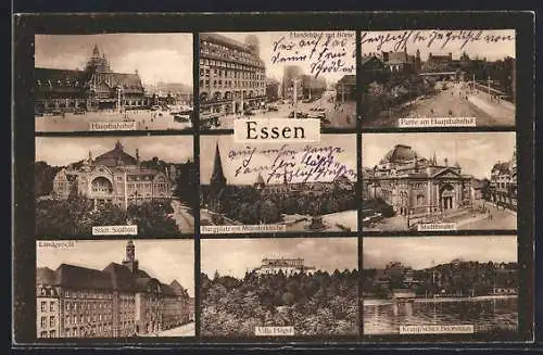 AK Essen, Hauptbahnhof, Stadt-Saalkirche, Krupp`sches Bootshaus