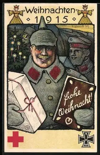 AK Nürnberg, Rotes Kreuz-Sammlung mit Weihnachtsgruss 1915, Deutscher Soldat mit Lebkuchen