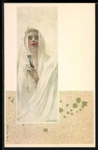 Künstler-AK sign. Th. Kempf: Jugendstil, Frau in langem weisse Gewand und bedeckten Kopf schaut zu den Sternen