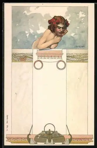 Künstler-AK Gottlieb Theodor Kempf-Hartenkampf: Nackte Dame blickt auf Petroleumlampe, Jugendstil