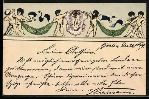 Künstler-AK Handgemalt unsign. Hermann Schmitz: Darstellung nackter Männer auf einem Fries