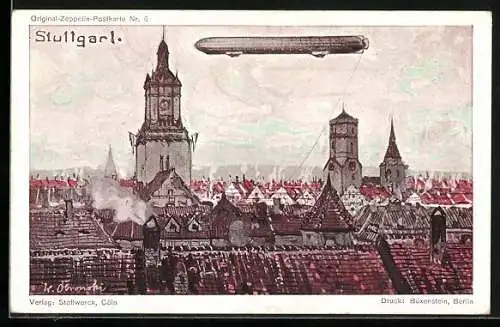 AK Stuttgart, Zeppelin über den Dächern, Original-Zeppelin-Karte Nr. 6