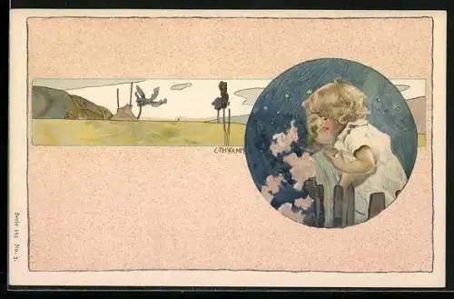 Künstler-AK sign. C. Th. Kempf: Kind und Landschaft