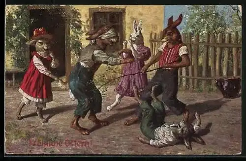 Künstler-AK Arthur Thiele: Fröhliche Ostern!, Osterhasen spielen blinde Kuh