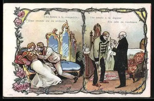 Lithographie Eine Stunde sie zu erobern-ein Jahr zu verdauen, Mann hat sich eine Geschlechtskrankheit geholt, Erotik